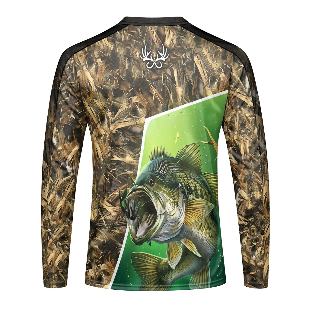 Fish Reaper Bass Camo Long Sleeve Fishing Shirt – Back View Mockup