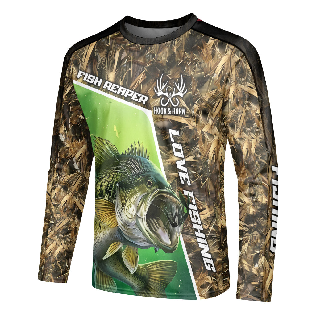 Fish Reaper Bass Camo Long Sleeve Fishing Shirt – Left Side View Mockup