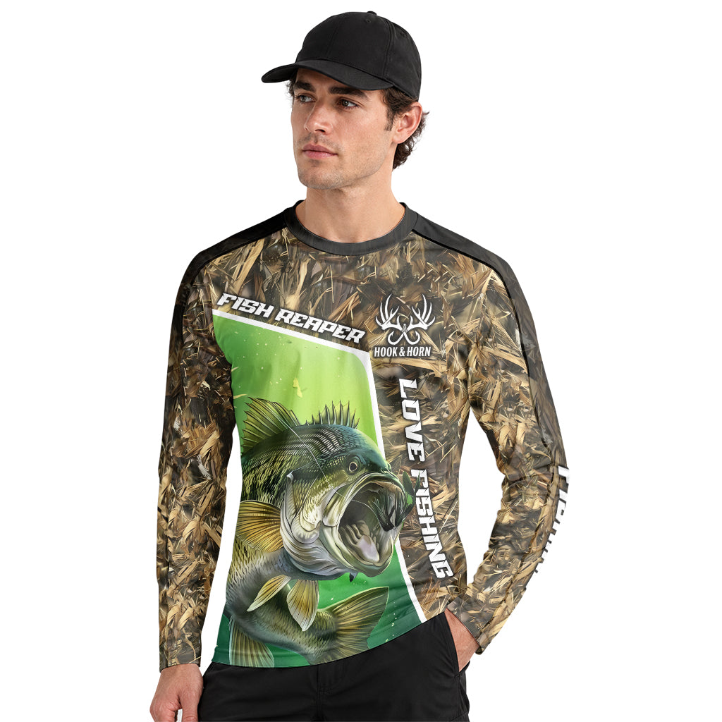 Fish Reaper Bass Camo Long Sleeve Fishing Shirt – Front Lifestyle View