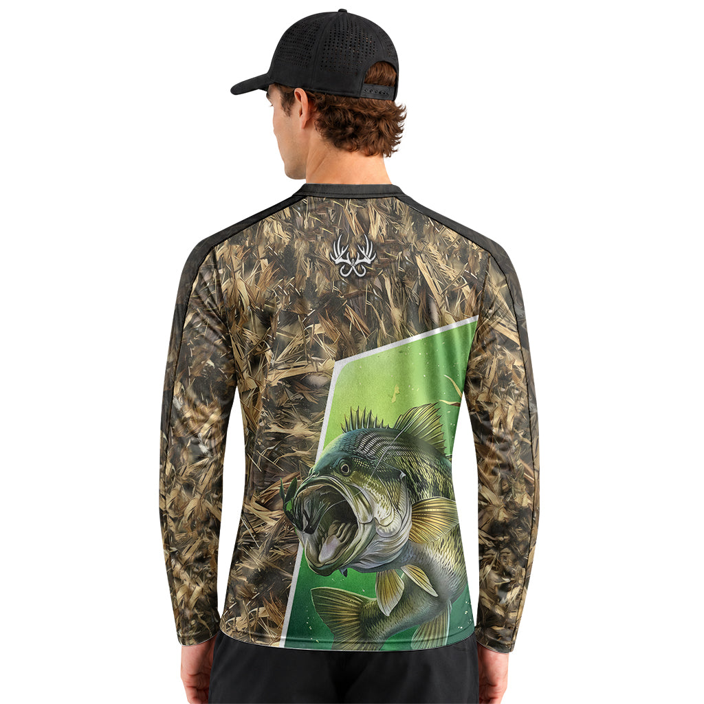 Fish Reaper Bass Camo Long Sleeve Fishing Shirt – Back Lifestyle View