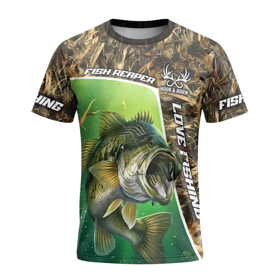 Fish Reaper Bass Camo Short Sleeve Fishing Shirt – Front and Back View