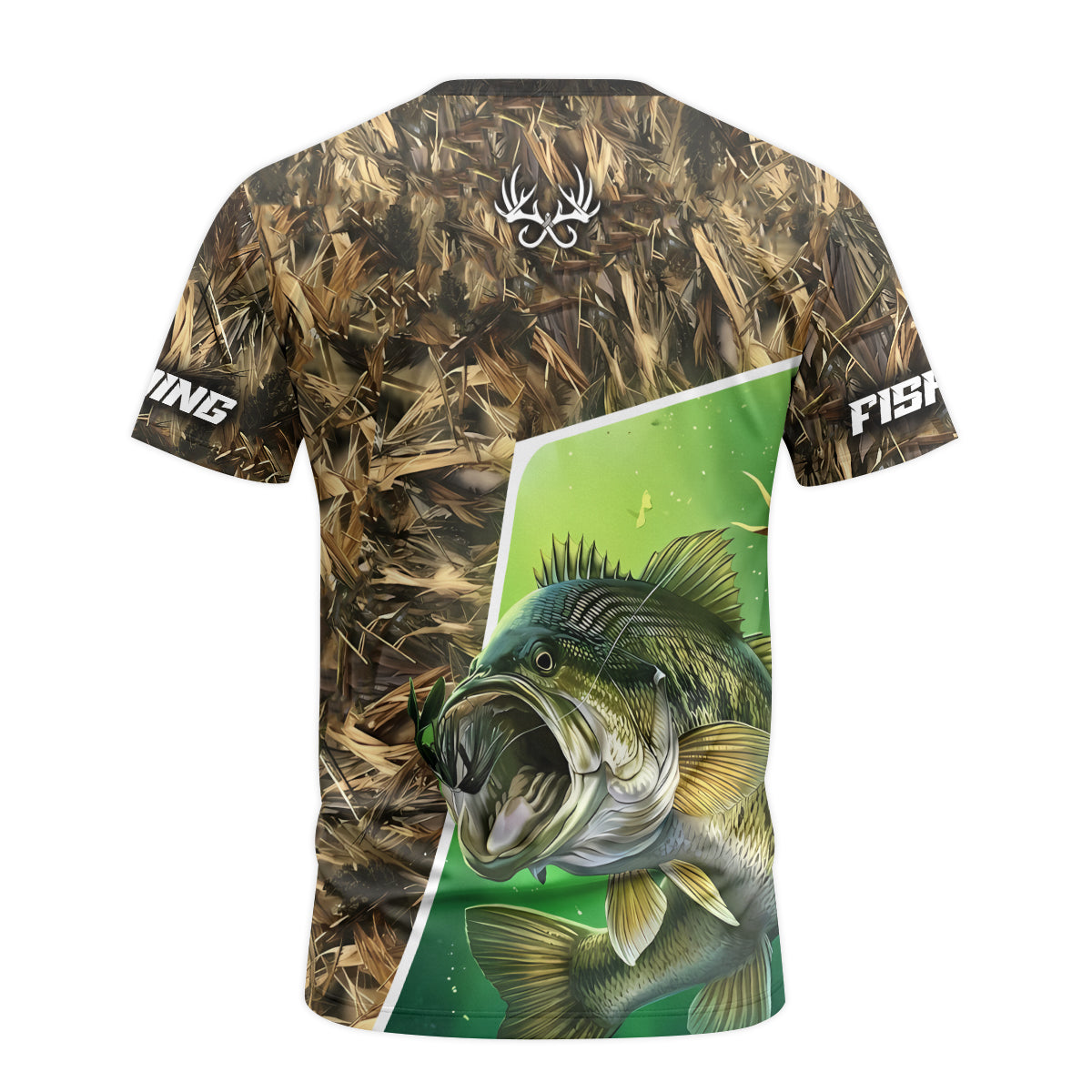 Fish Reaper Bass Camo Short Sleeve Fishing Shirt – Back View Mockup