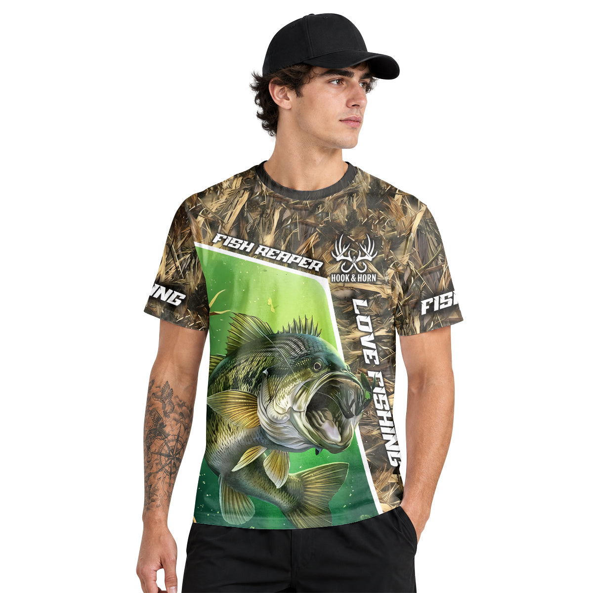 Fish Reaper Bass Camo Short Sleeve Fishing Shirt – Front Lifestyle View