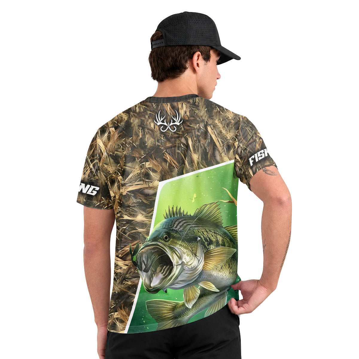 Fish Reaper Bass Camo Short Sleeve Fishing Shirt – Back Lifestyle View