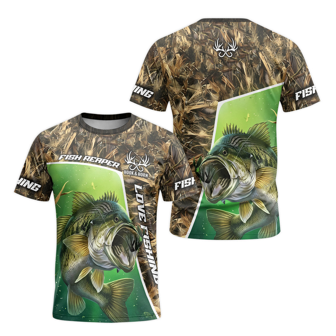 Fish Reaper Bass Camo Short Sleeve Fishing Shirt – Front and Back View
