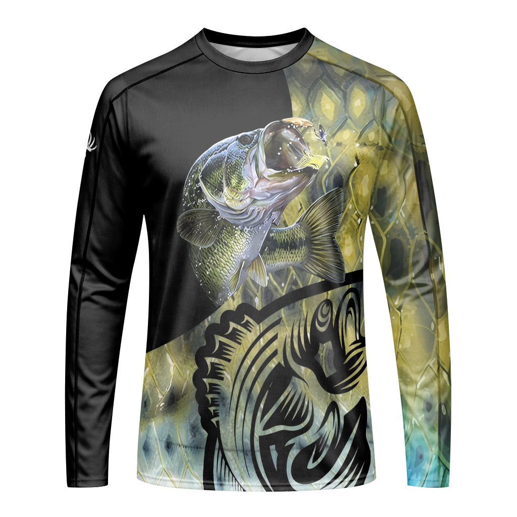 Largemouth Bass Lure Graphic Long Sleeve Fishing Shirt – Front View Mockup