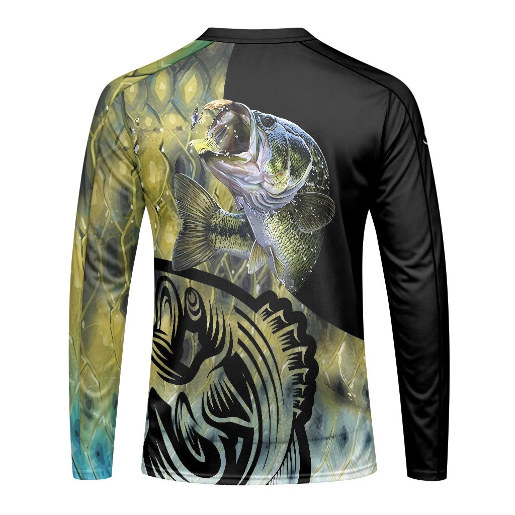 Largemouth Bass Lure Graphic Long Sleeve Fishing Shirt – Front View Mockup