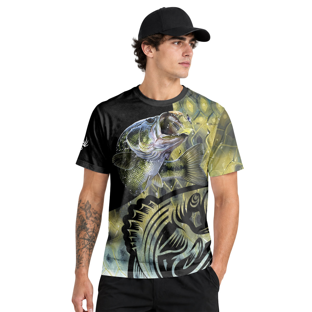 Largemouth Bass Lure Graphic Short Sleeve Fishing Shirt – Front Lifestyle View