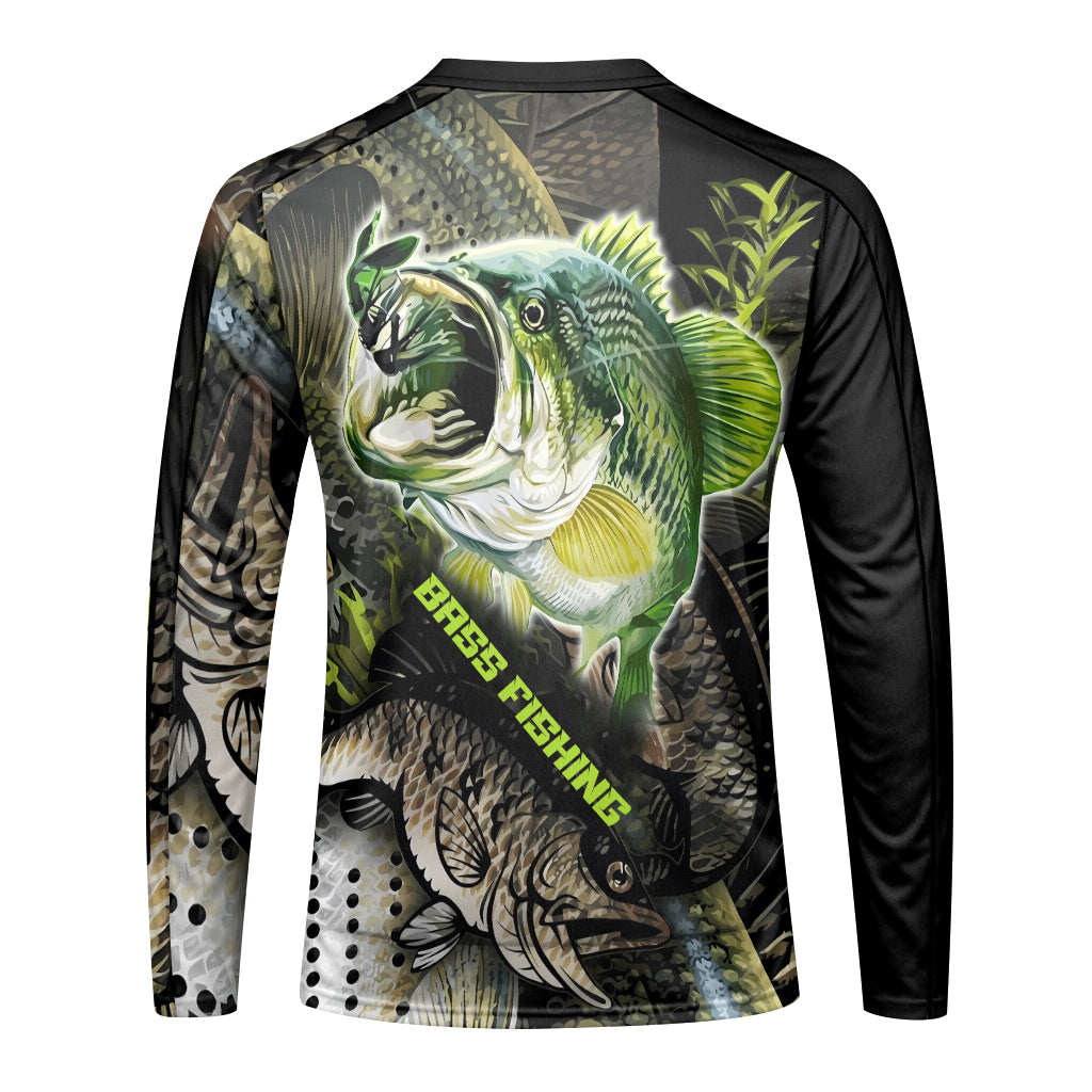 Largemouth Bass Lure Long Sleeve Fishing Shirt - front view mockup
