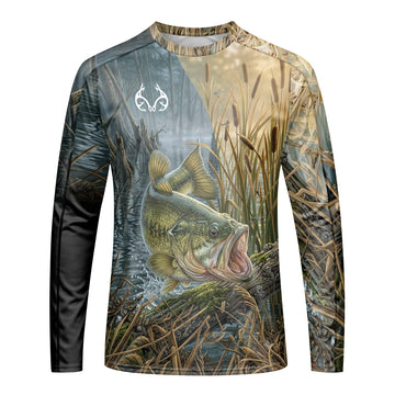 Largemouth Bass Marsh Long Sleeve Fishing Shirt - front view mockup