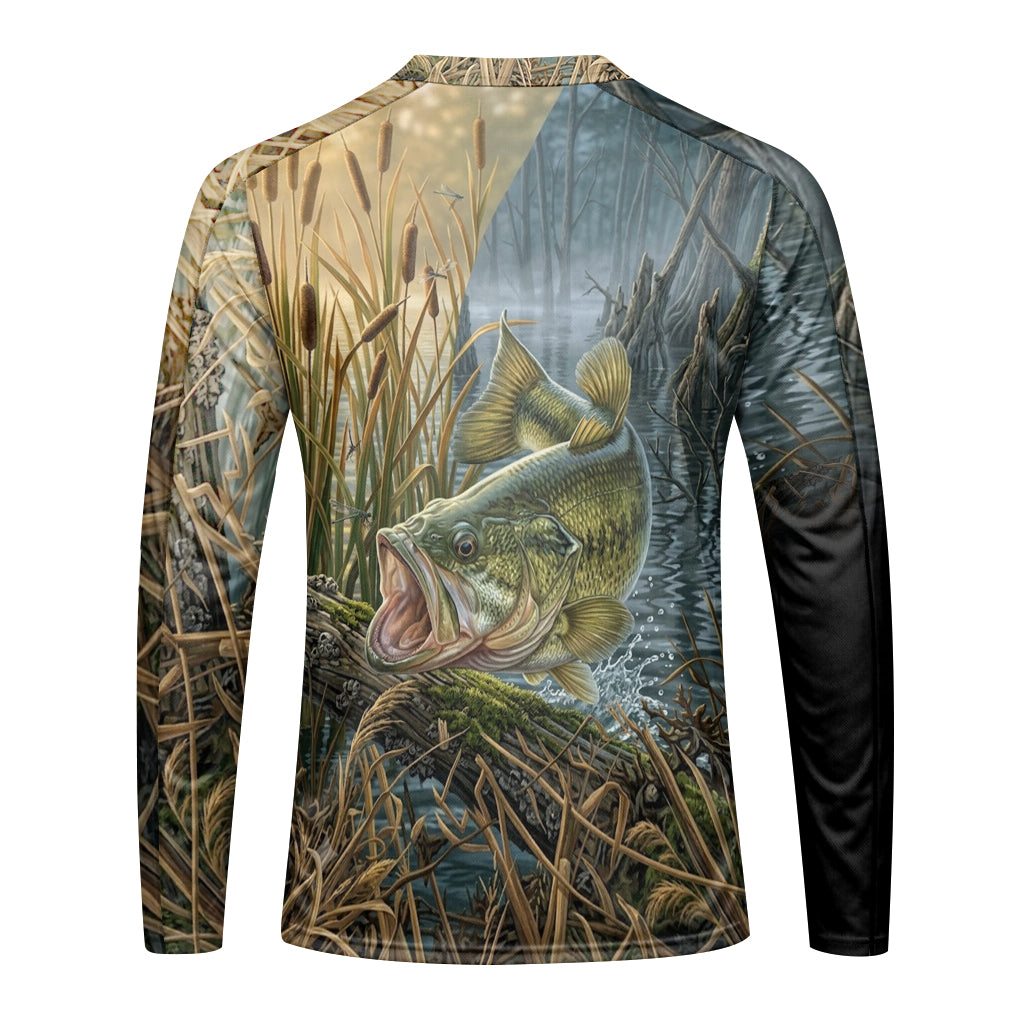 Largemouth Bass Marsh Long Sleeve Fishing Shirt - front view mockup