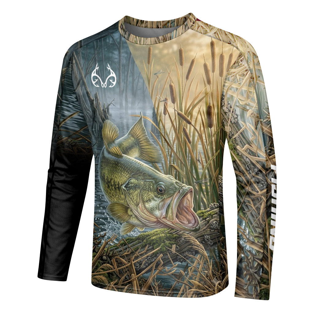 Largemouth Bass Marsh Long Sleeve Fishing Shirt - left side mockup