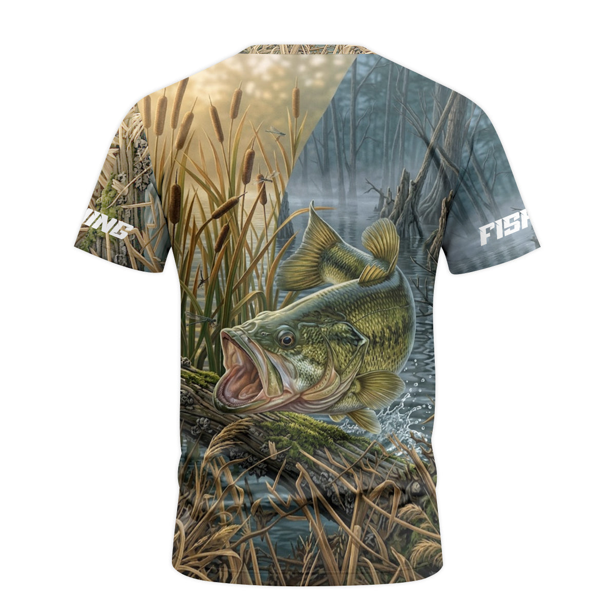 Largemouth Bass Marsh Short Sleeve Fishing Shirt - back view mockup