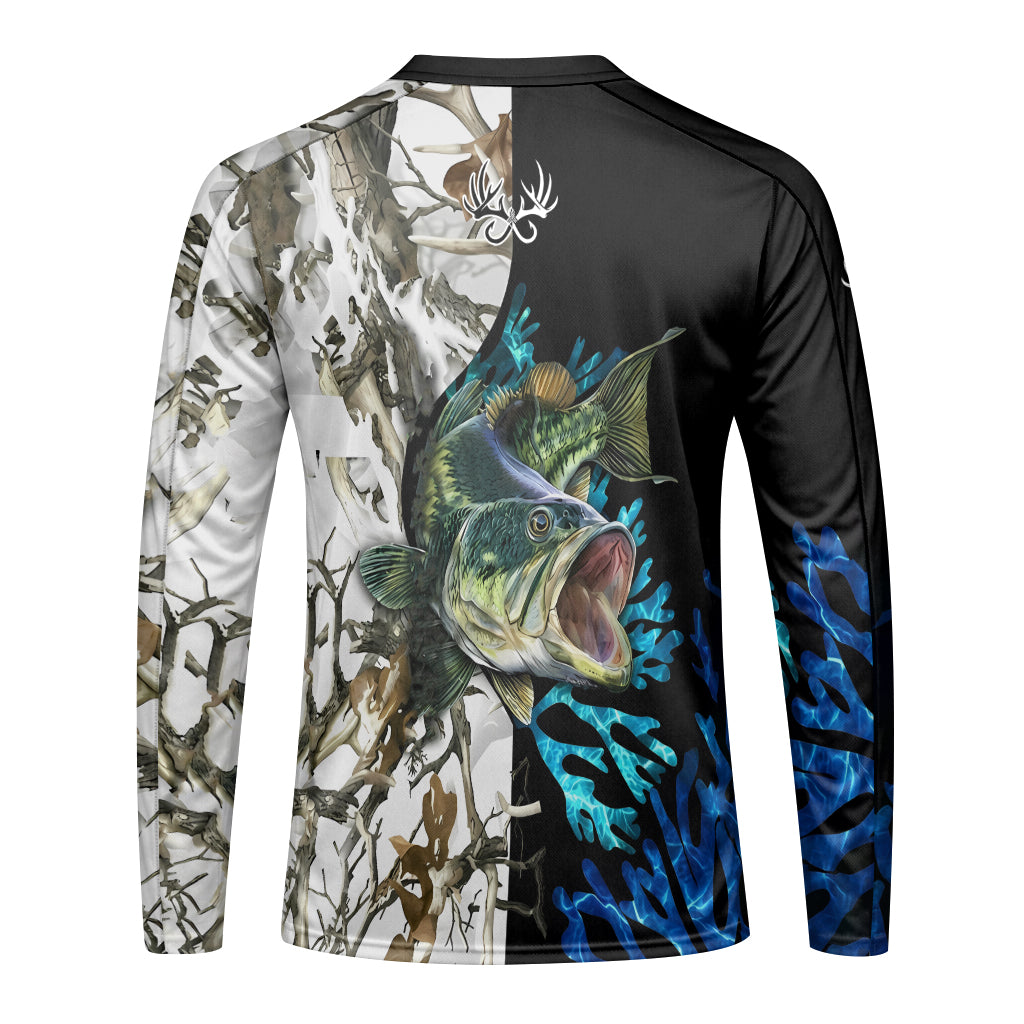 Largemouth Bass White Camo Long Sleeve Fishing Shirt – Front View Mockup