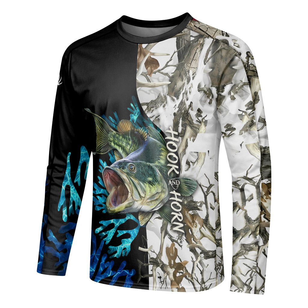Largemouth Bass White Camo Long Sleeve Fishing Shirt – Left Side View Mockup