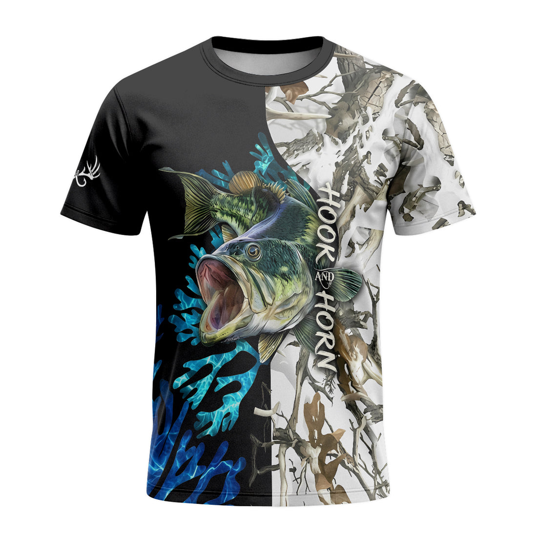 Largemouth Bass White Camo Short Sleeve Fishing Shirt – Front and Back View