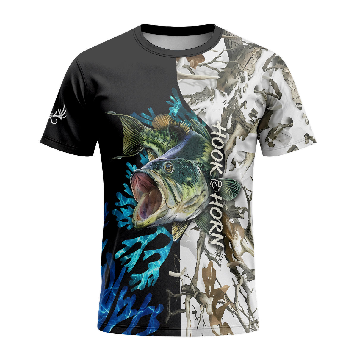 Largemouth Bass White Camo Short Sleeve Fishing Shirt – Front View Mockup