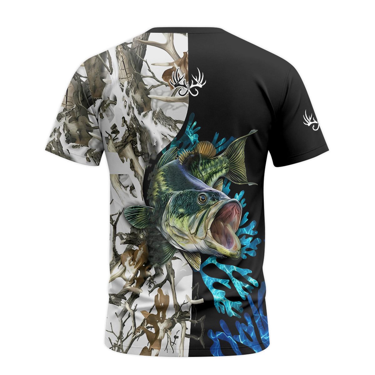 Largemouth Bass White Camo Short Sleeve Fishing Shirt – Back View Mockup