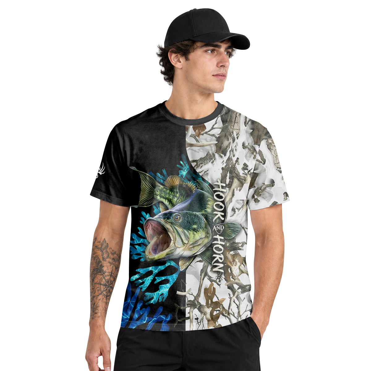 Largemouth Bass White Camo Short Sleeve Fishing Shirt – Front Lifestyle View