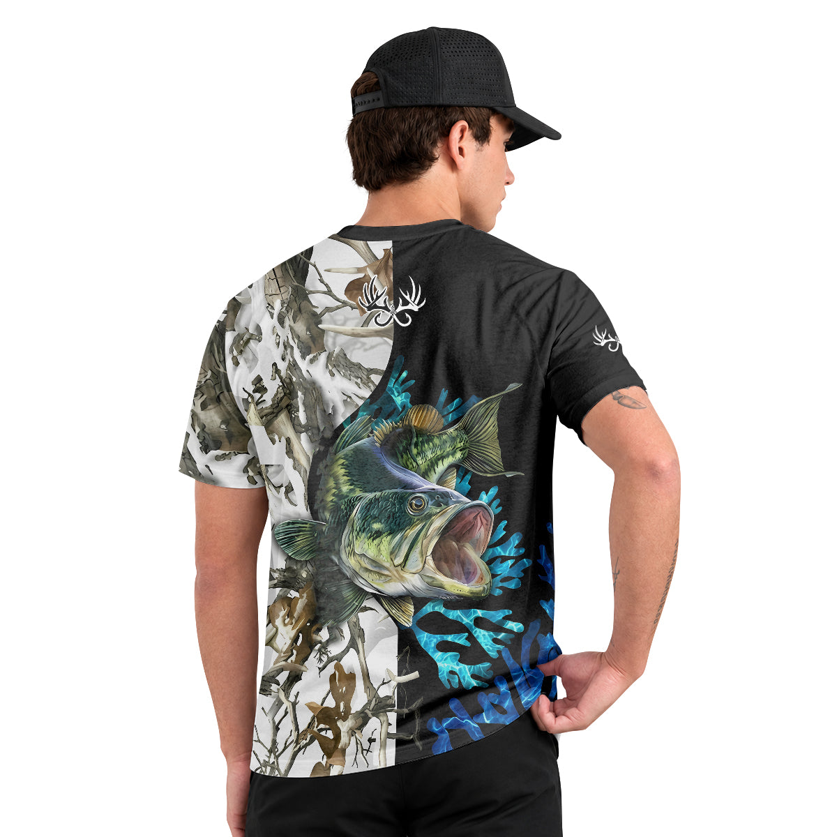 Largemouth Bass White Camo Short Sleeve Fishing Shirt – Back Lifestyle View