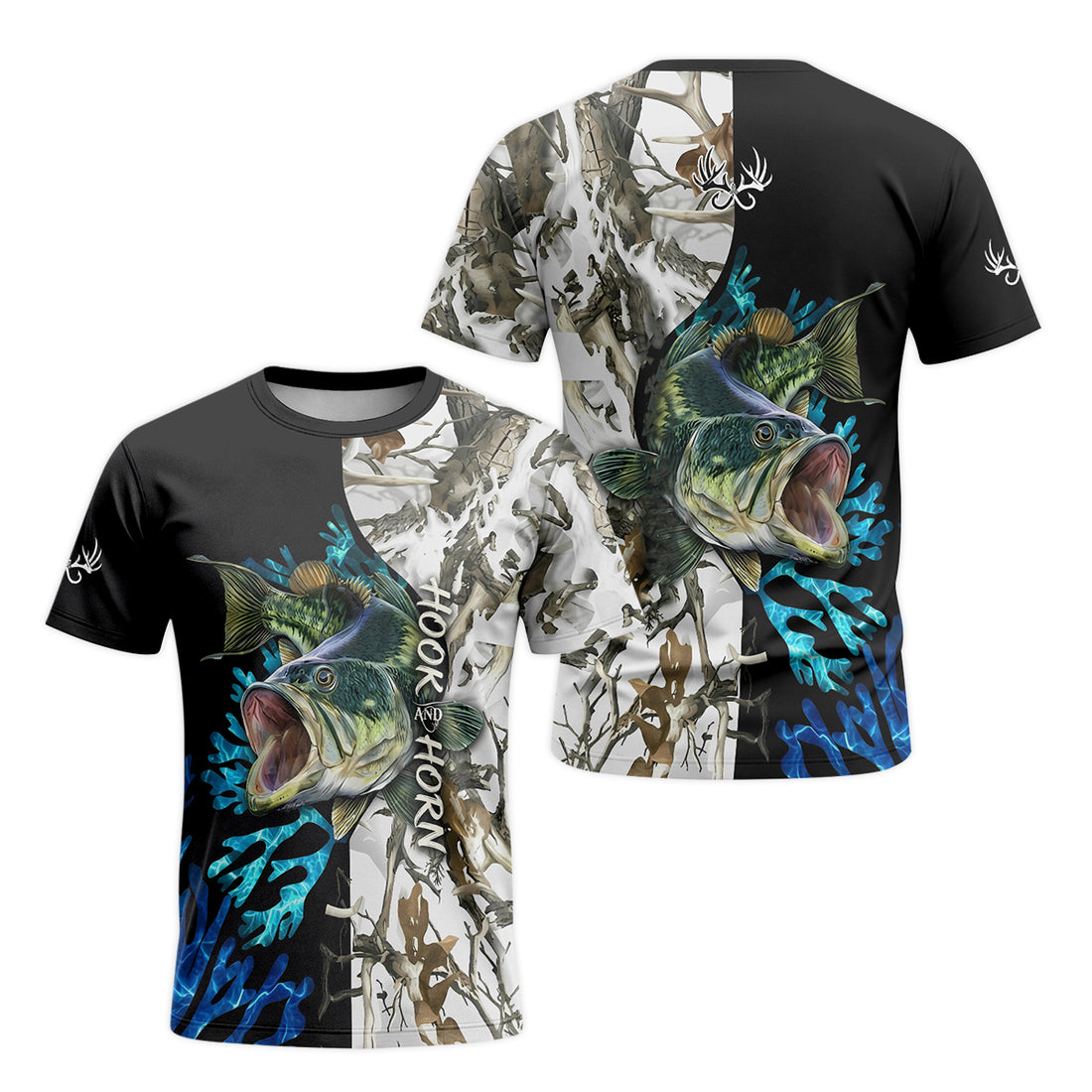 Largemouth Bass White Camo Short Sleeve Fishing Shirt – Front and Back View