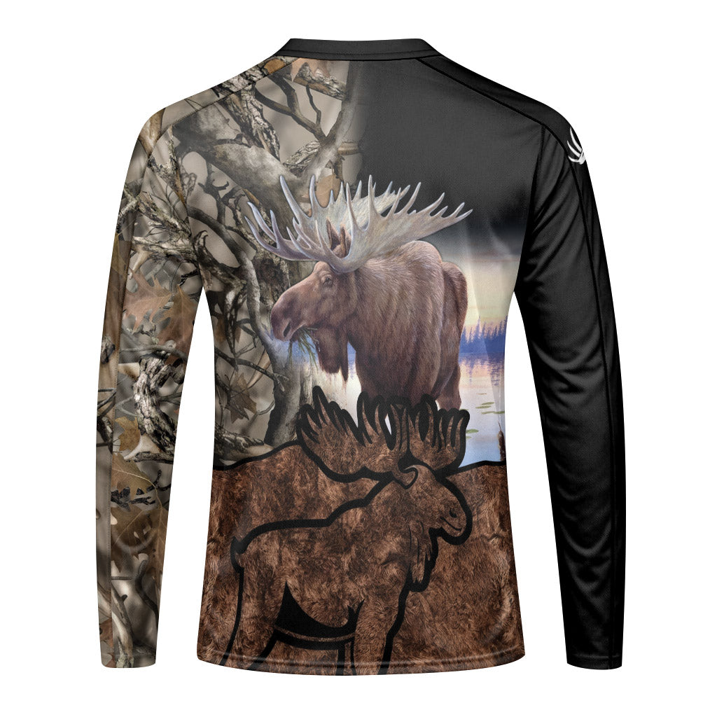 Moose Hunter Woodland Camo Long Sleeve Hunting Shirt - back view mockup