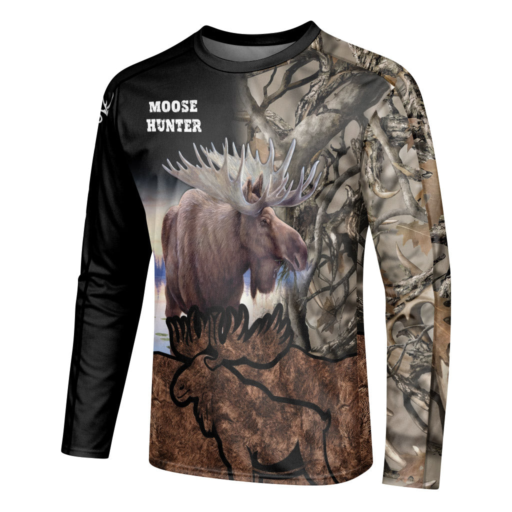 Moose Hunter Woodland Camo Long Sleeve Hunting Shirt - left side mockup