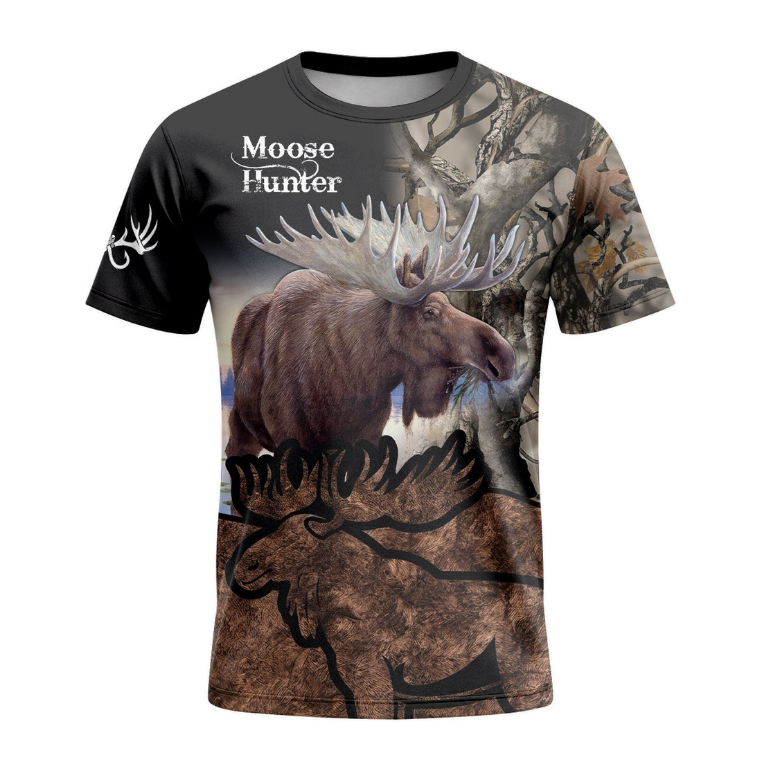 Moose Hunter Woodland Camo Short Sleeve Hunting Shirt - front and back view