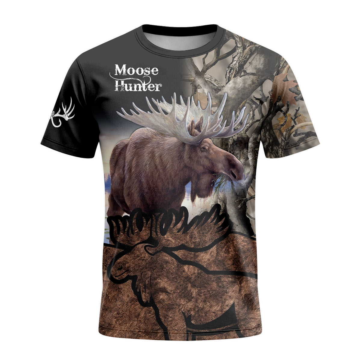Moose Hunter Woodland Camo Short Sleeve Hunting Shirt - front view mockup