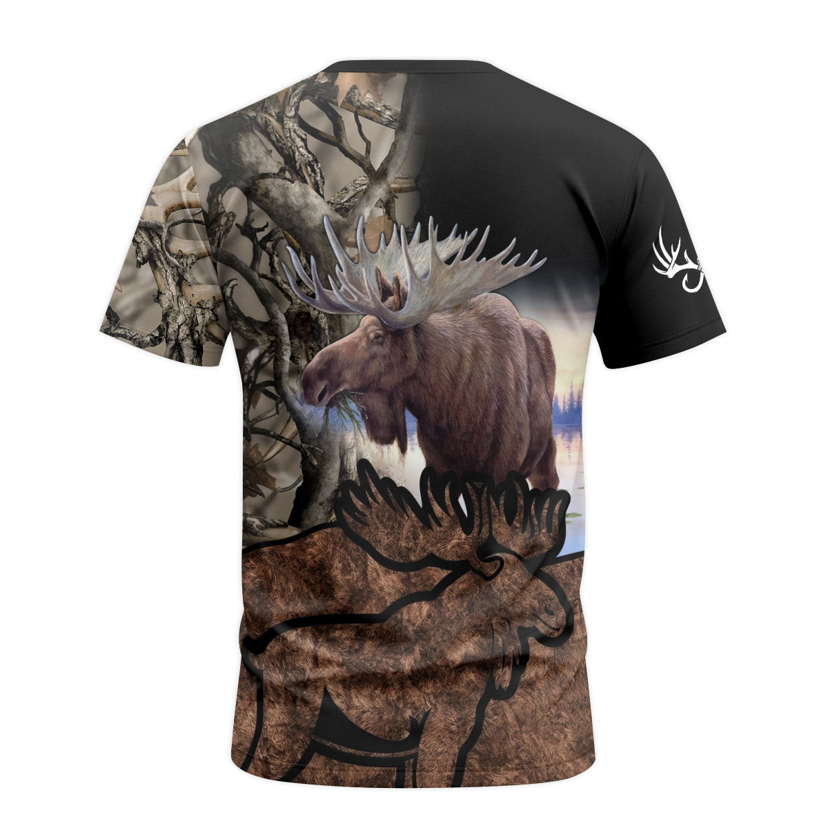 Moose Hunter Woodland Camo Short Sleeve Hunting Shirt - back view mockup