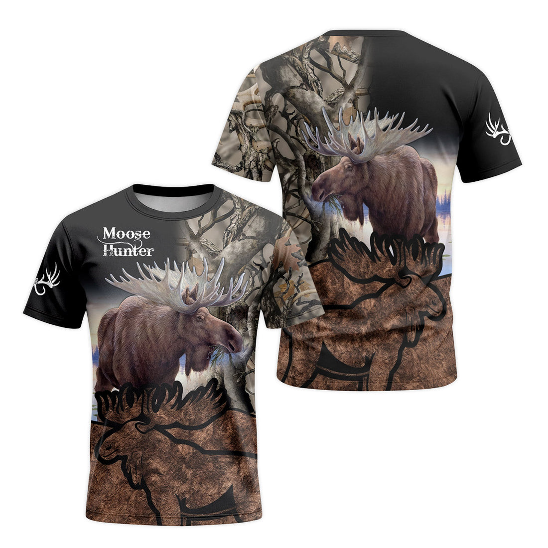 Moose Hunter Woodland Camo Short Sleeve Hunting Shirt - front and back view
