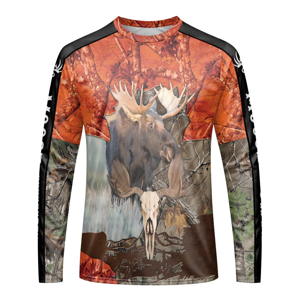 Moose Skull Orange Camo Long Sleeve Hunting Shirt – Front View Mockup