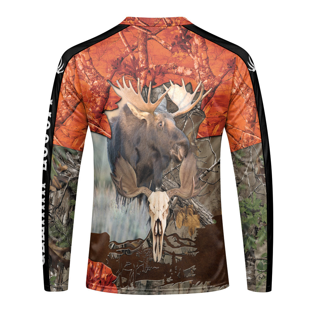Moose Skull Orange Camo Long Sleeve Hunting Shirt – Front View Mockup