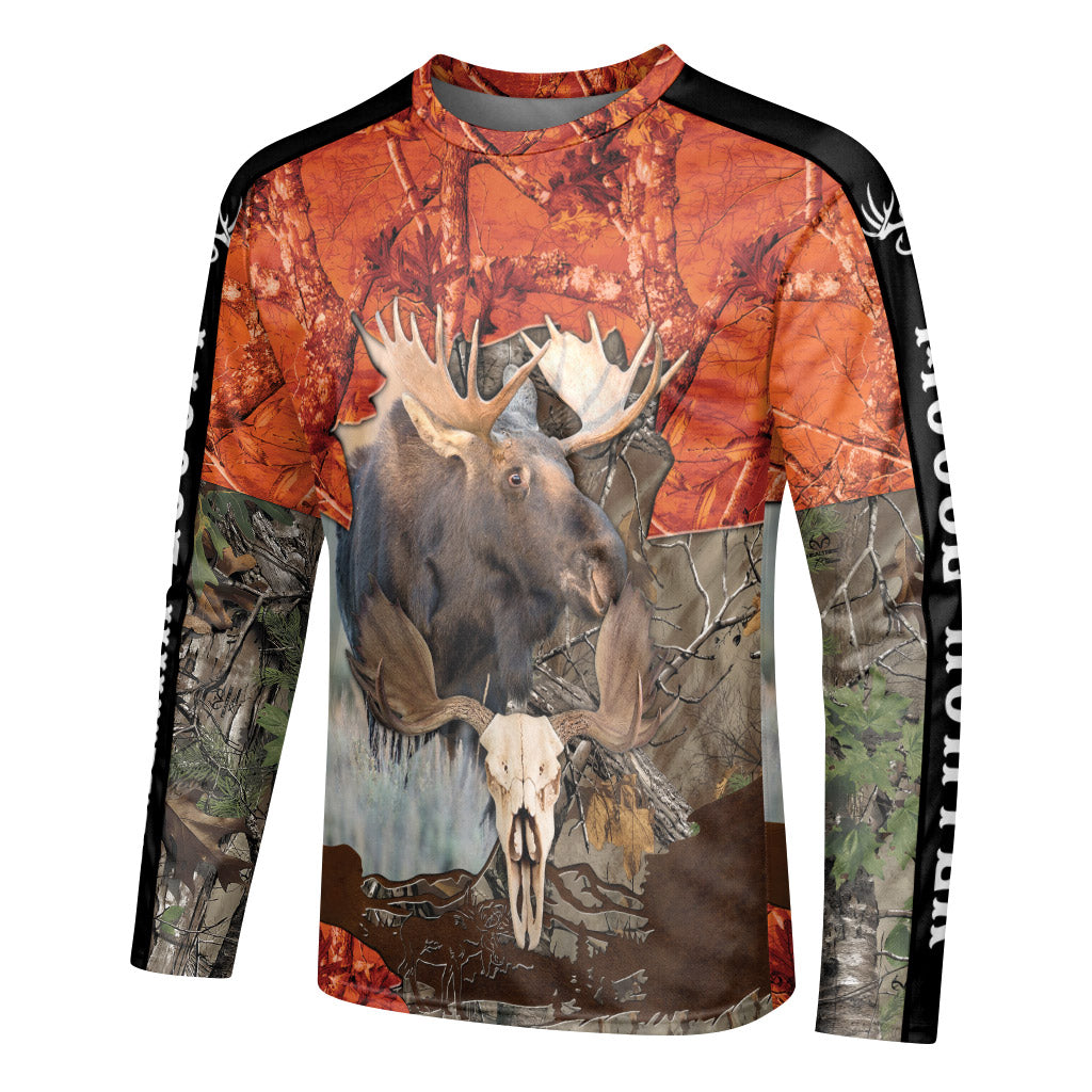 Moose Skull Orange Camo Long Sleeve Hunting Shirt – Left Side View Mockup
