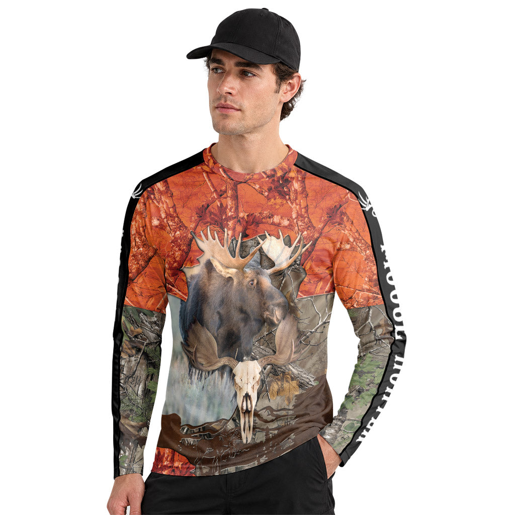 Moose Skull Orange Camo Long Sleeve Hunting Shirt – Front Lifestyle View