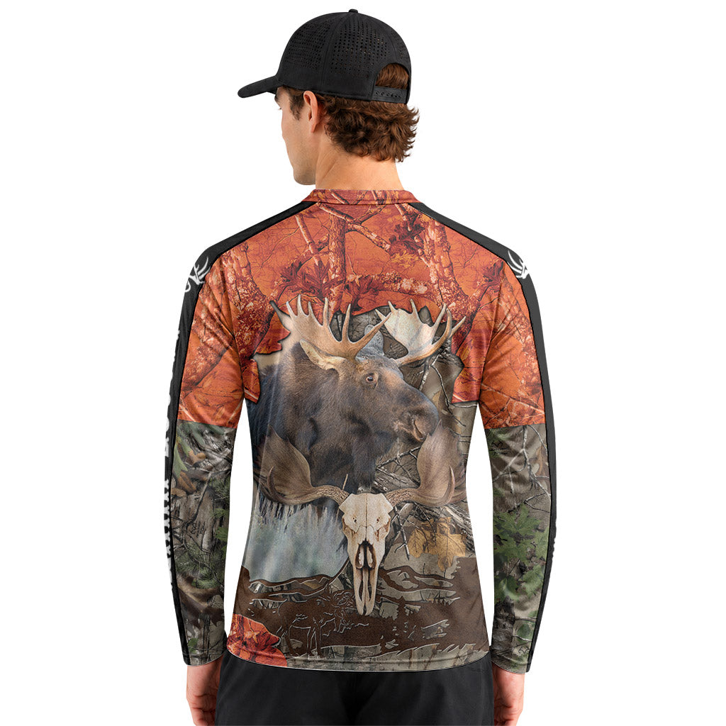 Moose Skull Orange Camo Long Sleeve Hunting Shirt – Back Lifestyle View