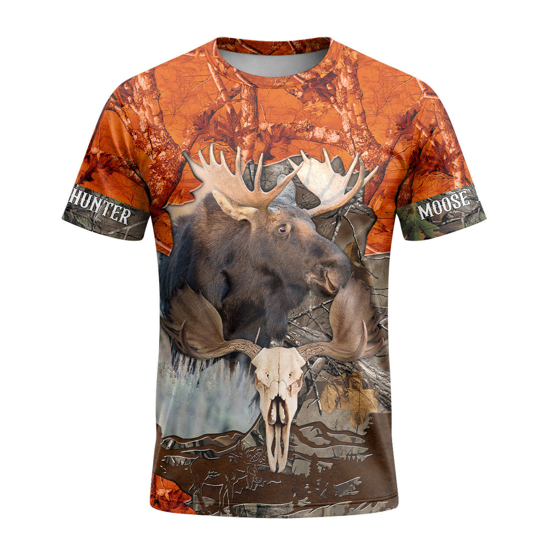 Moose Skull Orange Camo Short Sleeve Hunting Shirt - front and back view
