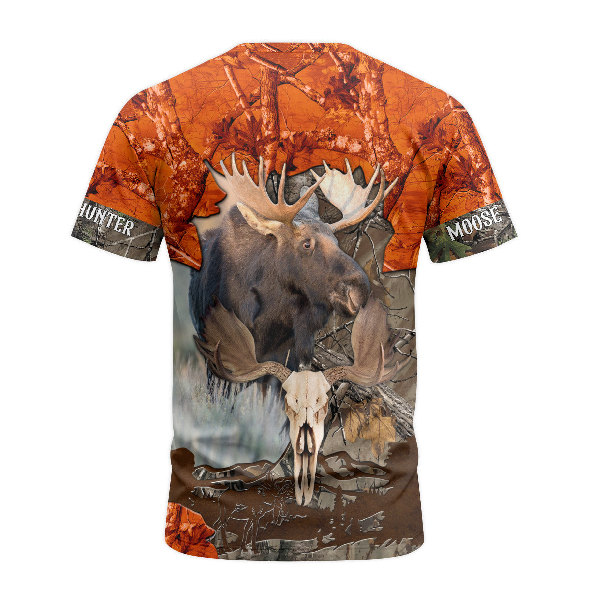 Moose Skull Orange Camo Short Sleeve Hunting Shirt - back view mockup