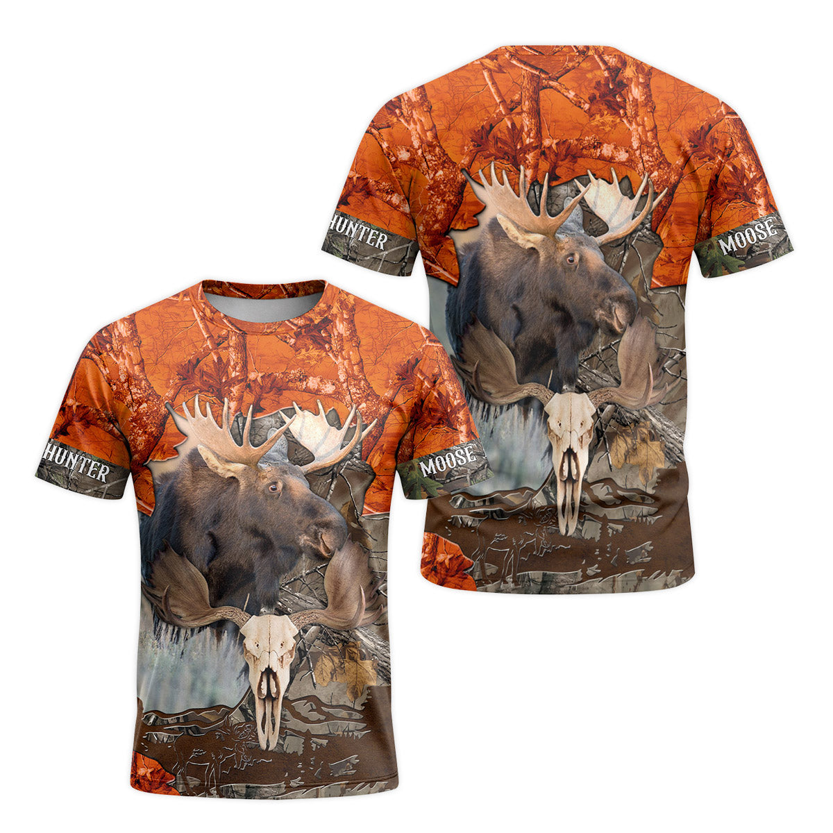 Moose Skull Orange Camo Short Sleeve Hunting Shirt - front and back view