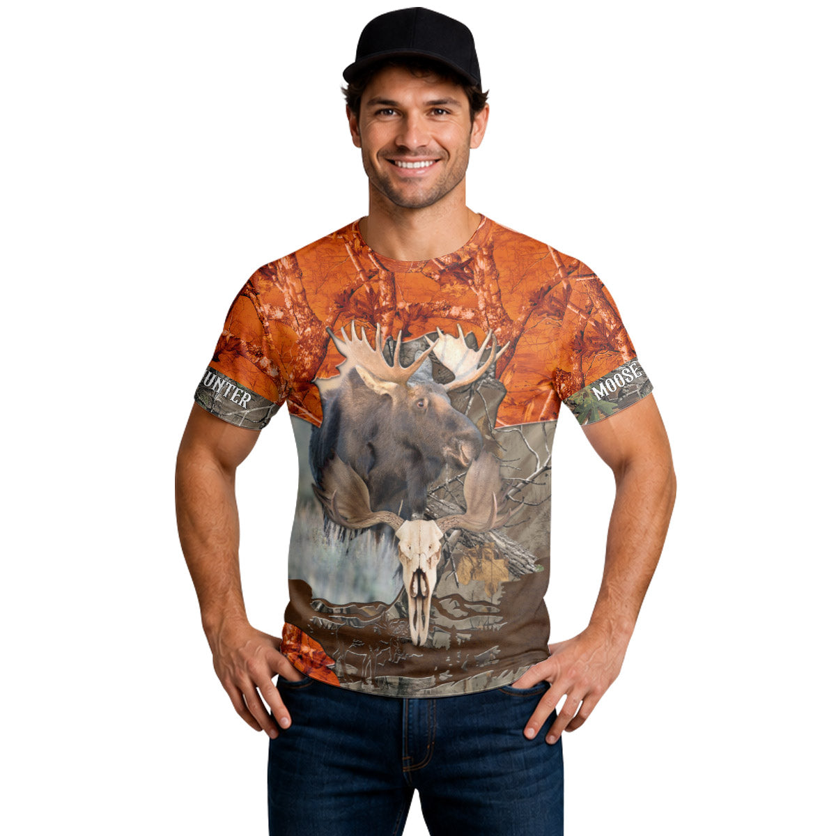 Moose Skull Orange Camo Short Sleeve Hunting Shirt - lifestyle view