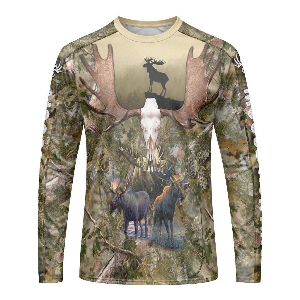 Moose Skull Woodland Camo Long Sleeve Hunting Shirt - front view mockup