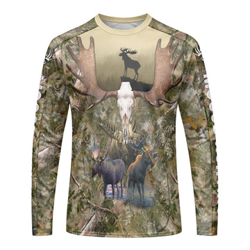 Moose Skull Woodland Camo Long Sleeve Hunting Shirt - front view mockup