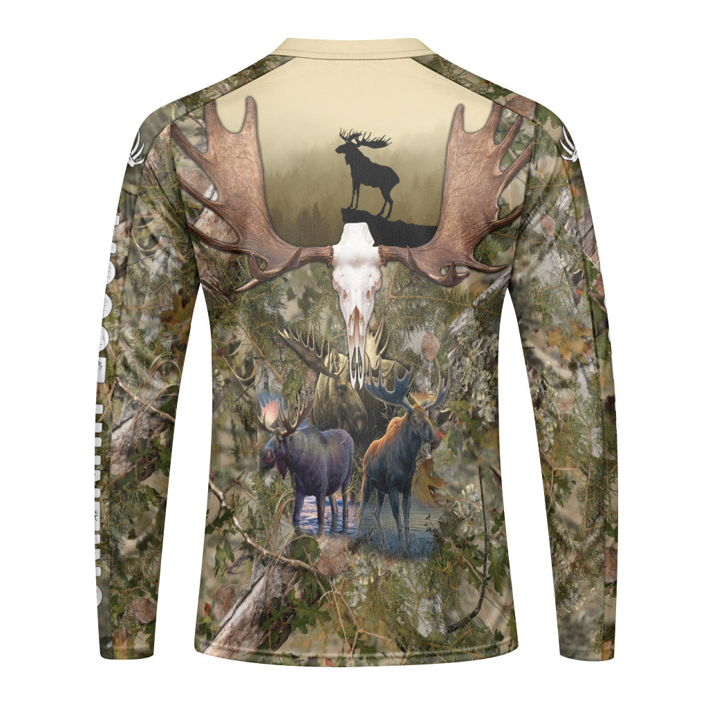 Moose Skull Woodland Camo Long Sleeve Hunting Shirt - front view mockup
