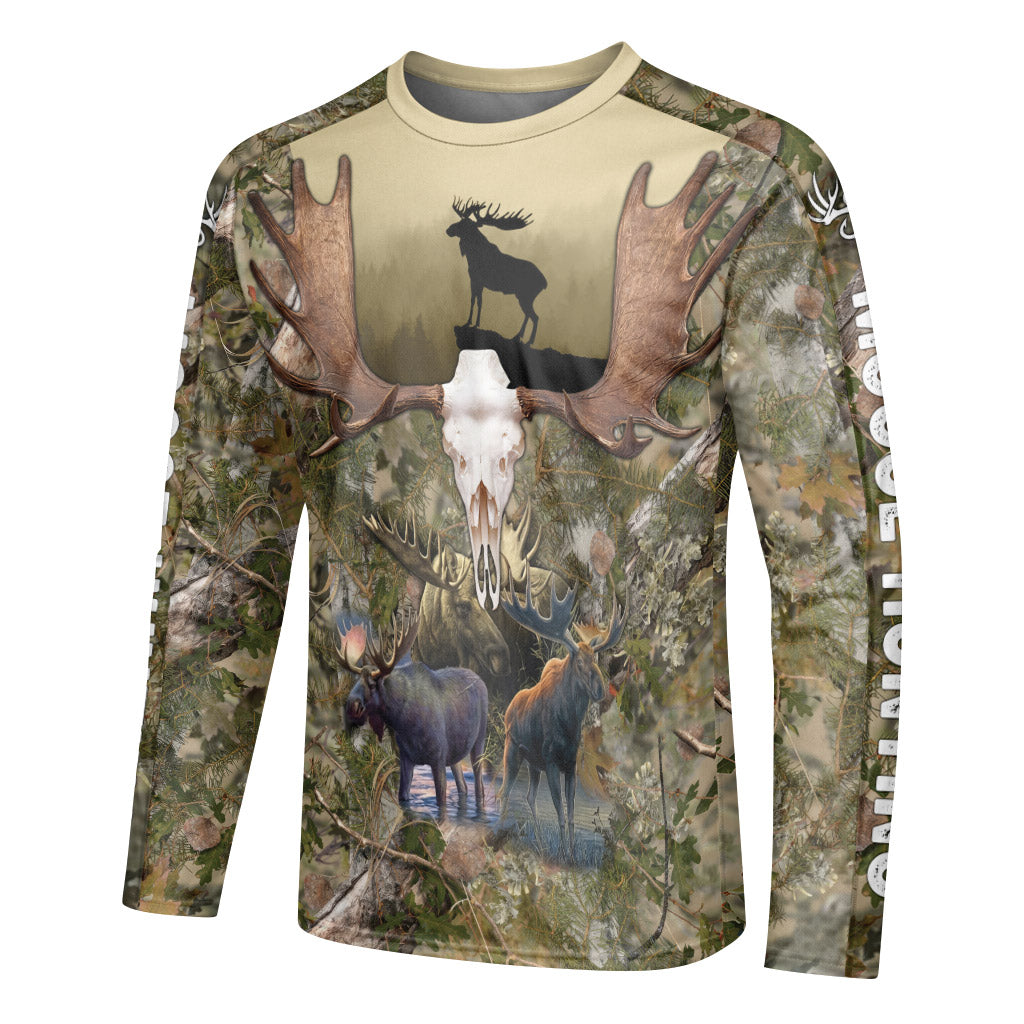 Moose Skull Woodland Camo Long Sleeve Hunting Shirt - left side mockup