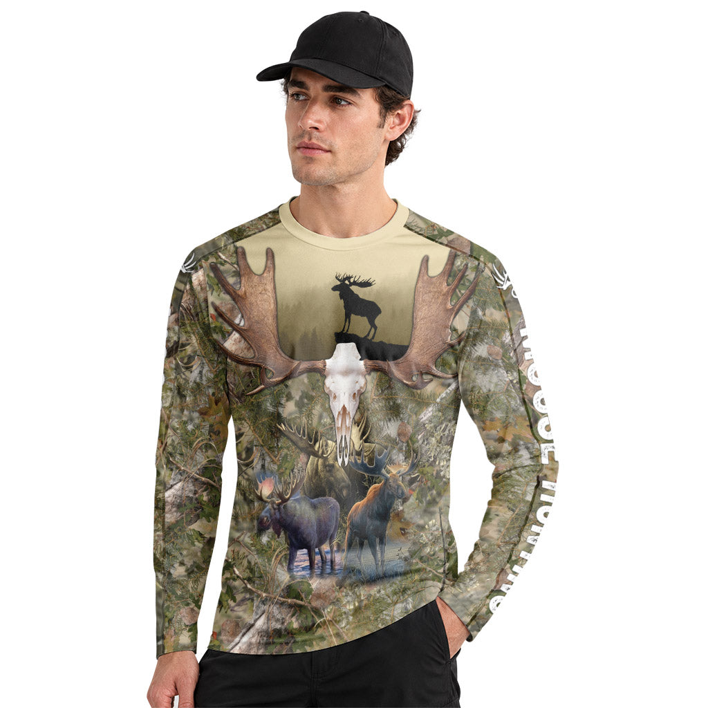 Moose Skull Woodland Camo Long Sleeve Hunting Shirt - lifestyle view