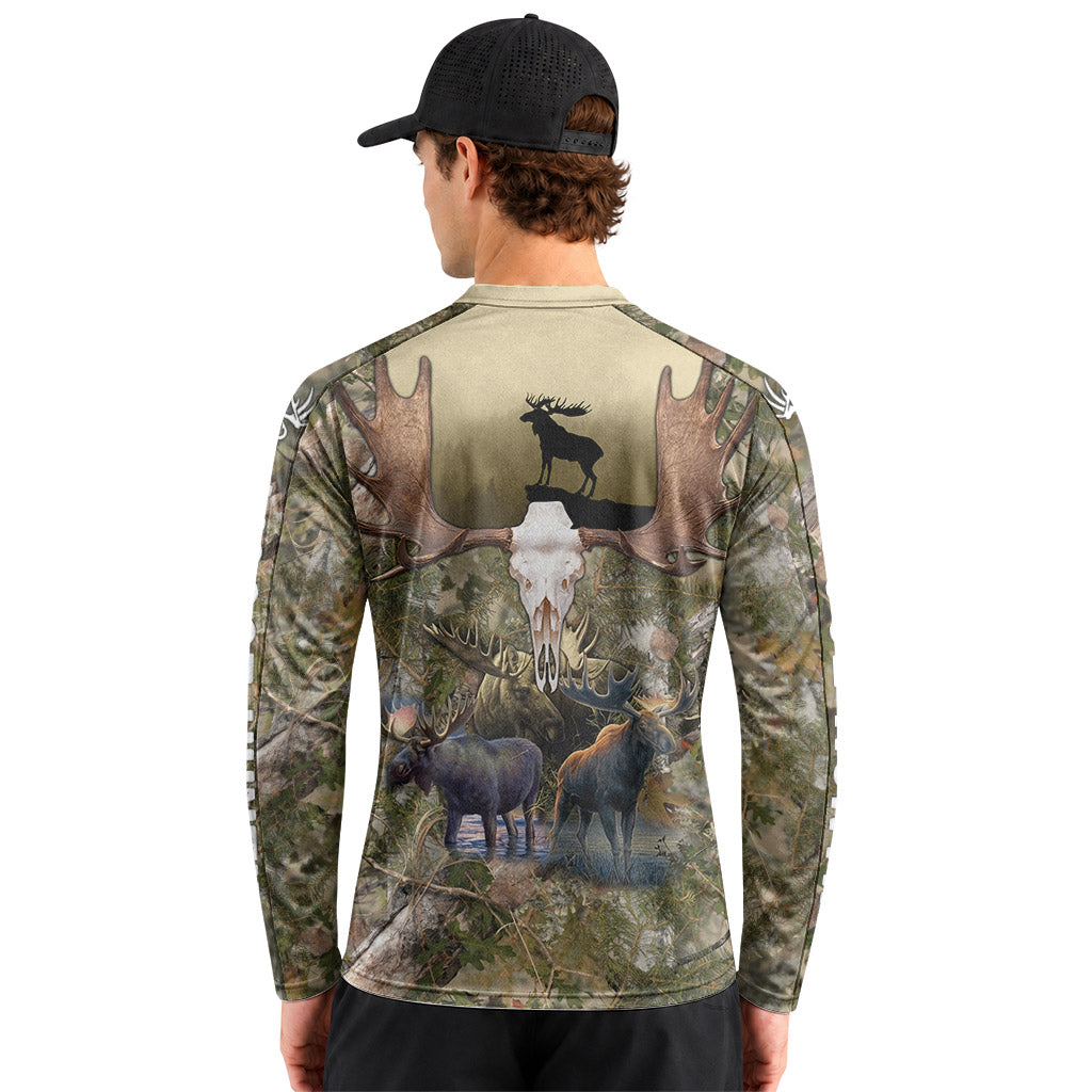 Moose Skull Woodland Camo Long Sleeve Hunting Shirt - lifestyle view