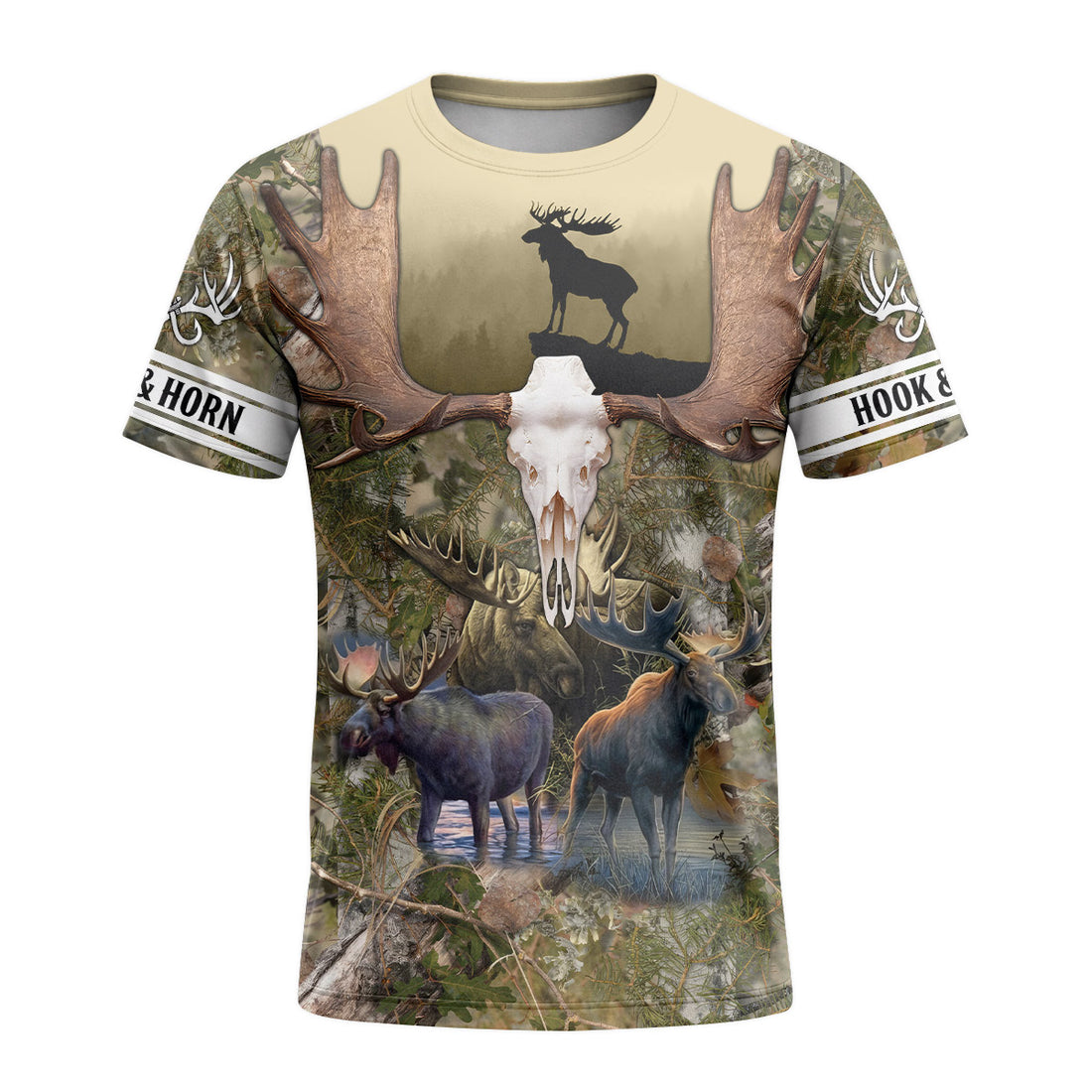 Moose Skull Woodland Camo Short Sleeve Hunting Shirt - front and back view