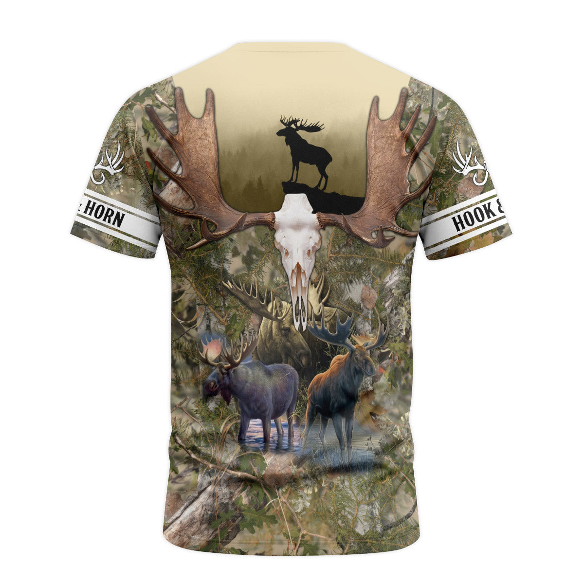 Moose Skull Woodland Camo Short Sleeve Hunting Shirt - back view mockup