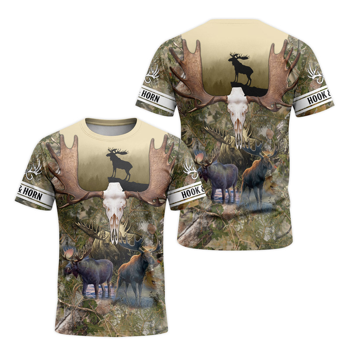 Moose Skull Woodland Camo Short Sleeve Hunting Shirt - front and back view