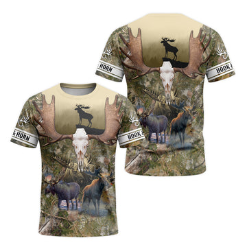 Moose Skull Woodland Camo Short Sleeve Hunting Shirt - front and back view